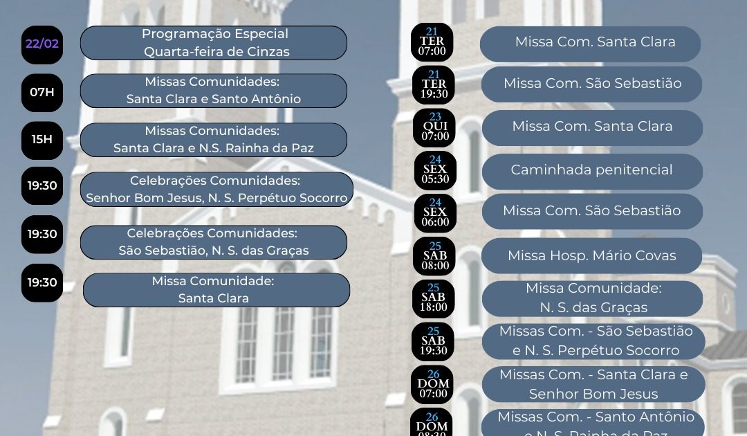 Agenda Semanal | Quarta-feira de Cinzas 2023